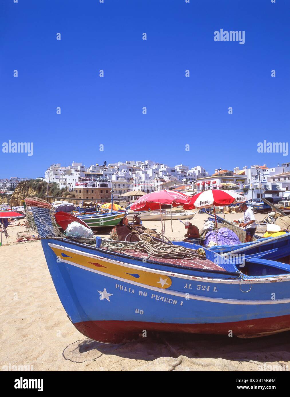 Traditional wooden fishing boat, Praia de Albufeira, Albufeira, Algarve Region, Portugal Stock Photo