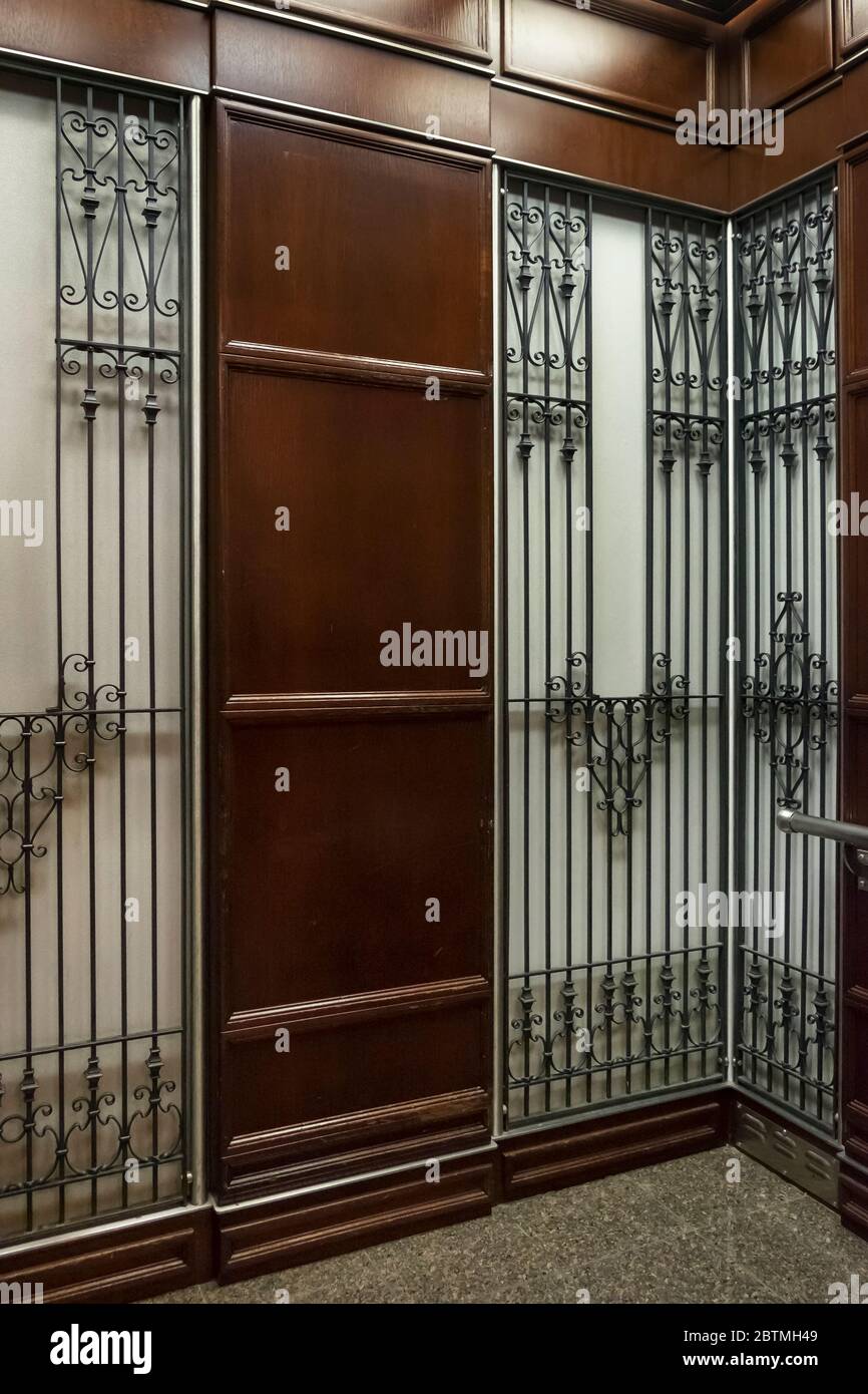 Vertical view of the interior of one of the Reliance Building vintage elevators, Chicago, Illinois, USA Stock Photo