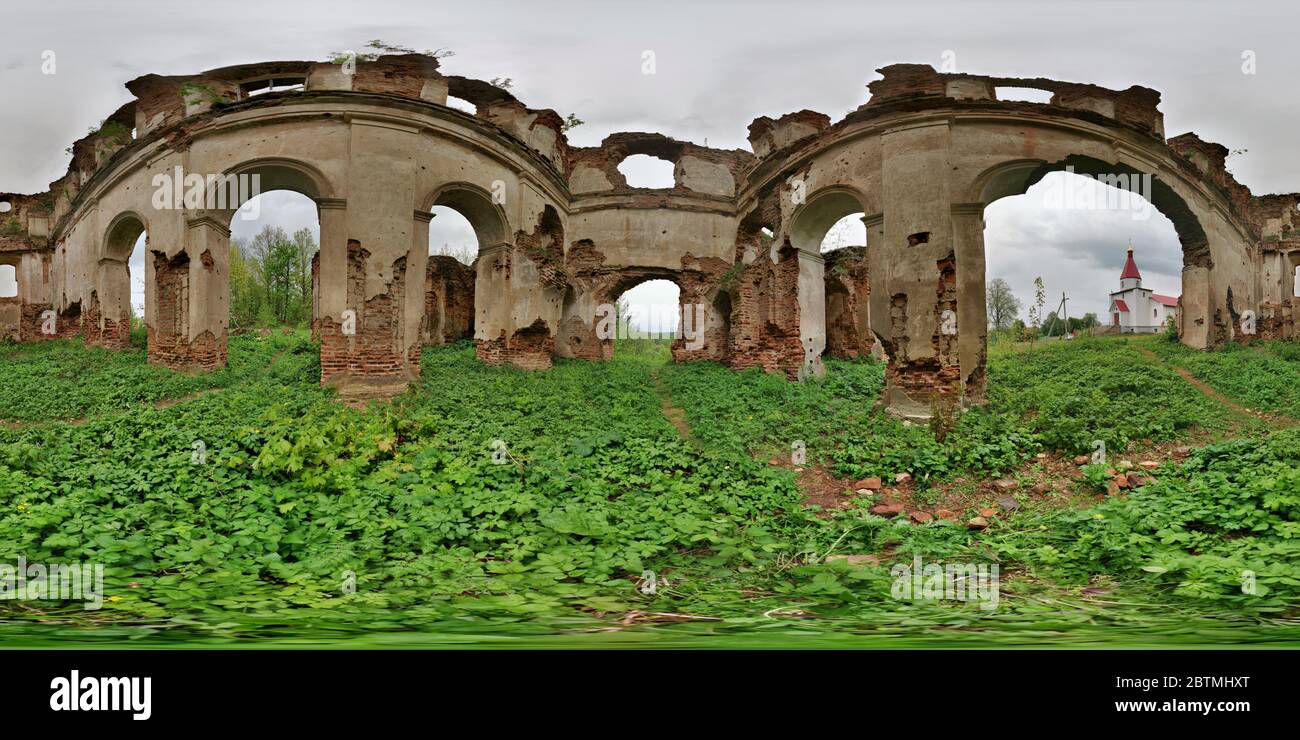 Full spherical seamless hdri panorama 360 degrees angle view inside of brick structures of abandoned ruined building of church in Novospassk with bush Stock Photo