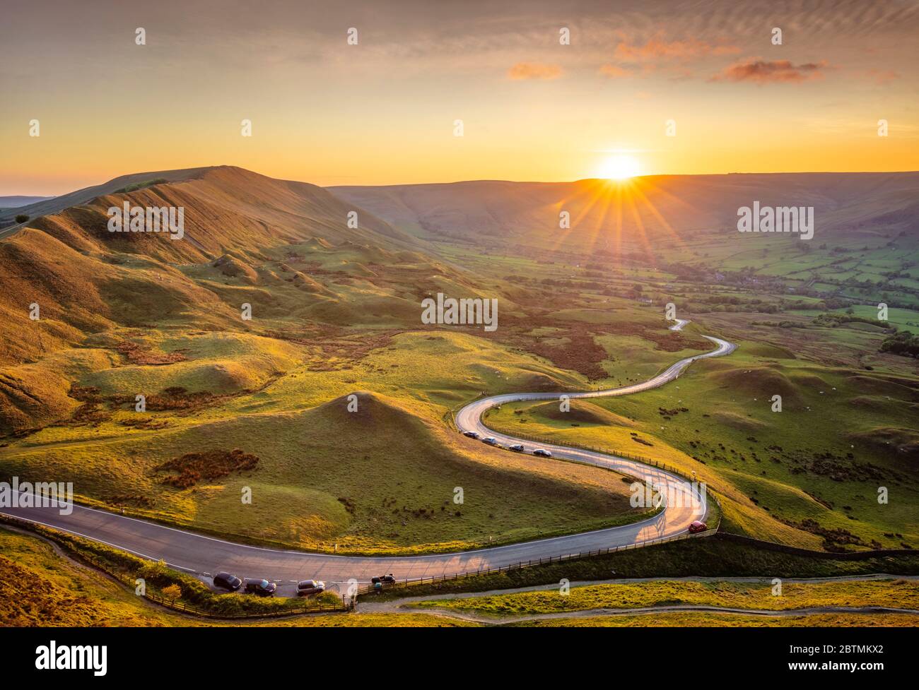 Sunset Rushup Edge Barber Booths Derbyshire Peak District Narrow winding road from Mam tor to Edale Derbyshire Peak District England UK GB Europe Stock Photo