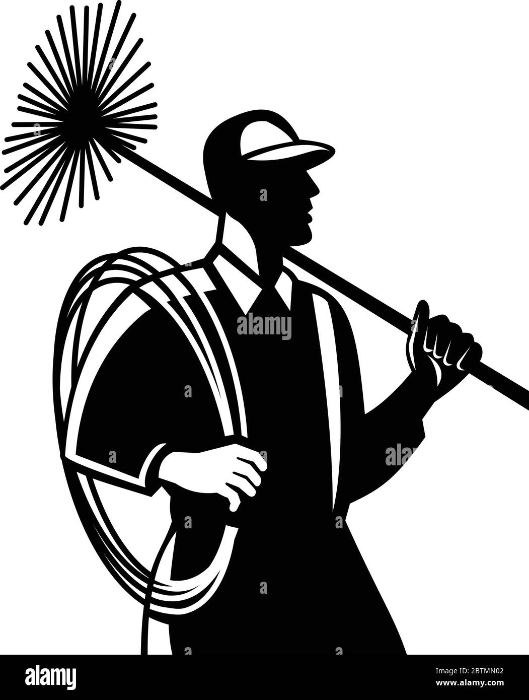 Illustration of a chimney sweeper cleaner worker with sweep broom viewed from side set on isolated white background done in retro Black and White styl Stock Vector