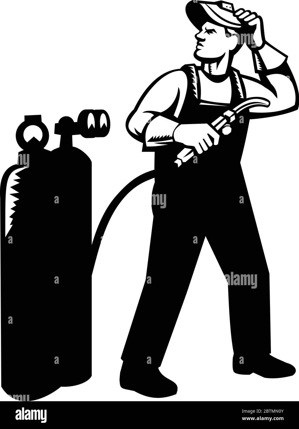 Illustration of welder worker standing with visor up looking to the side holding welding torch with acetylene cylinder viewed from front on isolated b Stock Vector