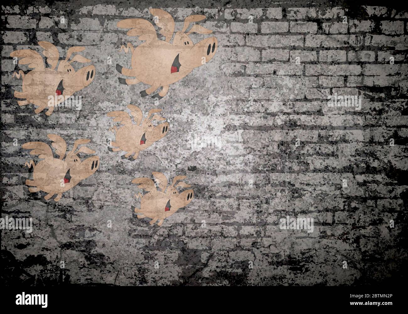 Grunge decayed faded brick wall background when pigs fly metaphorical message, a comical way of saying that something will never happen Stock Photo