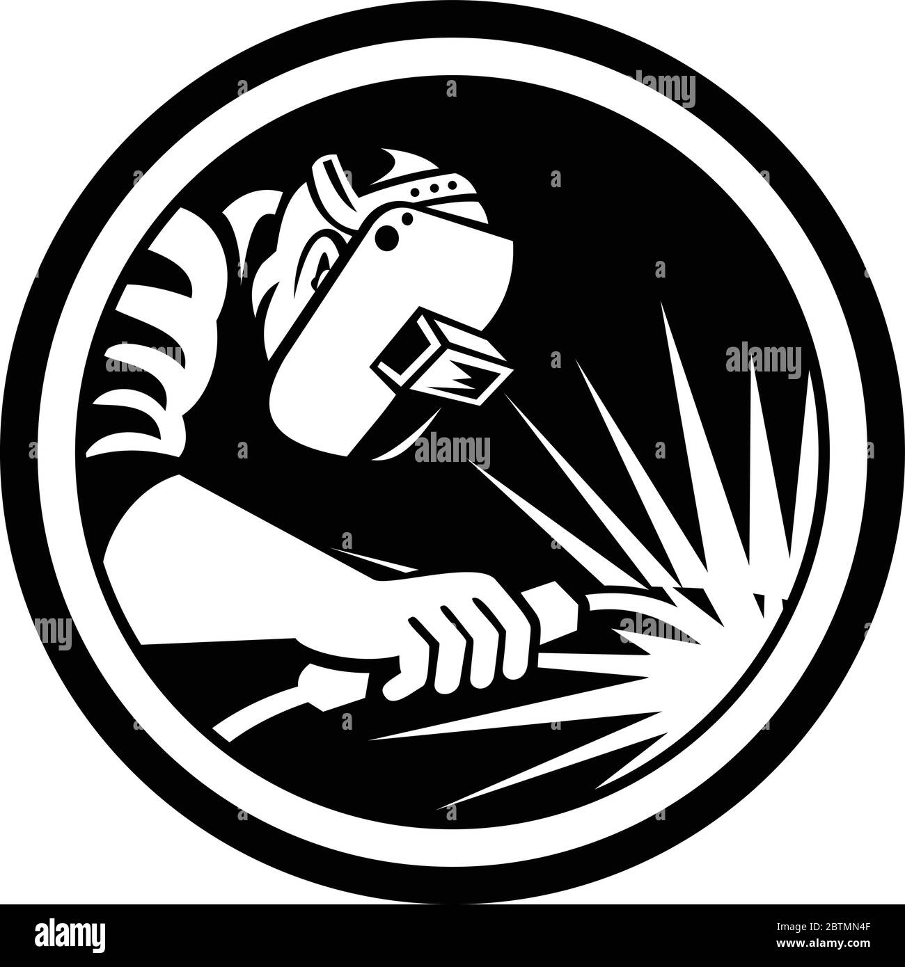 Illustration of welder worker working using welding torch viewed from side set inside circle on isolated background done in retro Black and White styl Stock Vector
