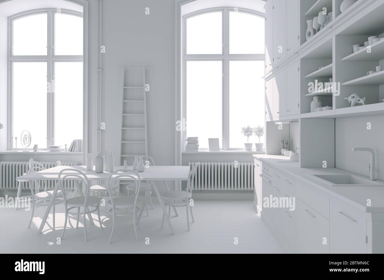 3d render of beautiful kitchen with two big windows Stock Photo - Alamy
