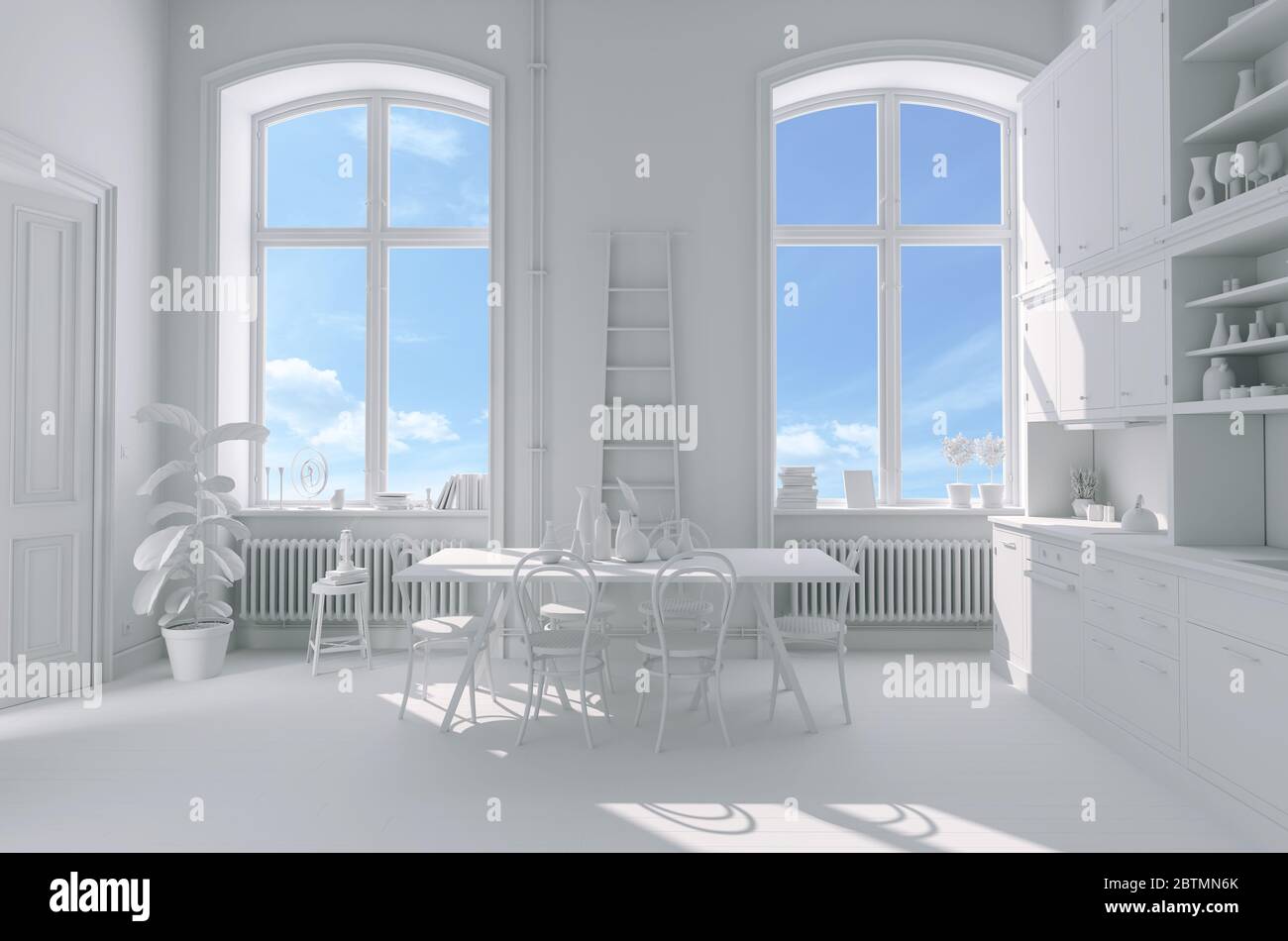 3d render of beautiful kitchen with two big windows Stock Photo - Alamy