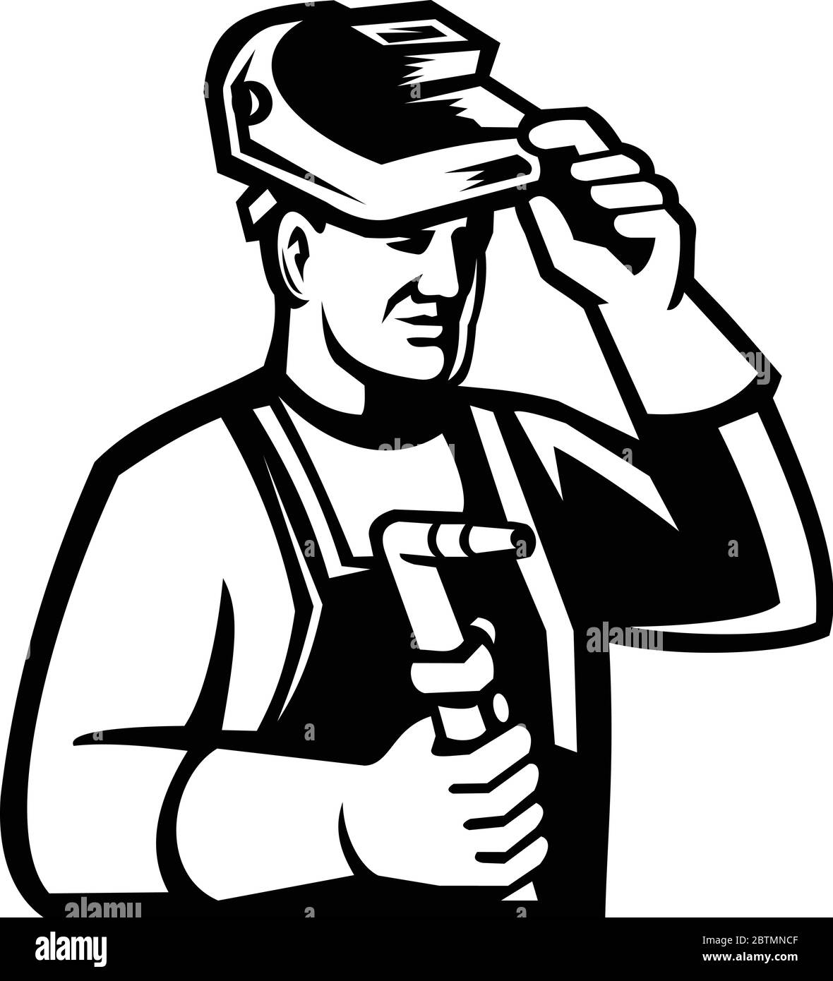 Mascot icon illustration of head of a welder lifting visor and holding welding torch viewed from side on isolated background in retro Black and White Stock Vector