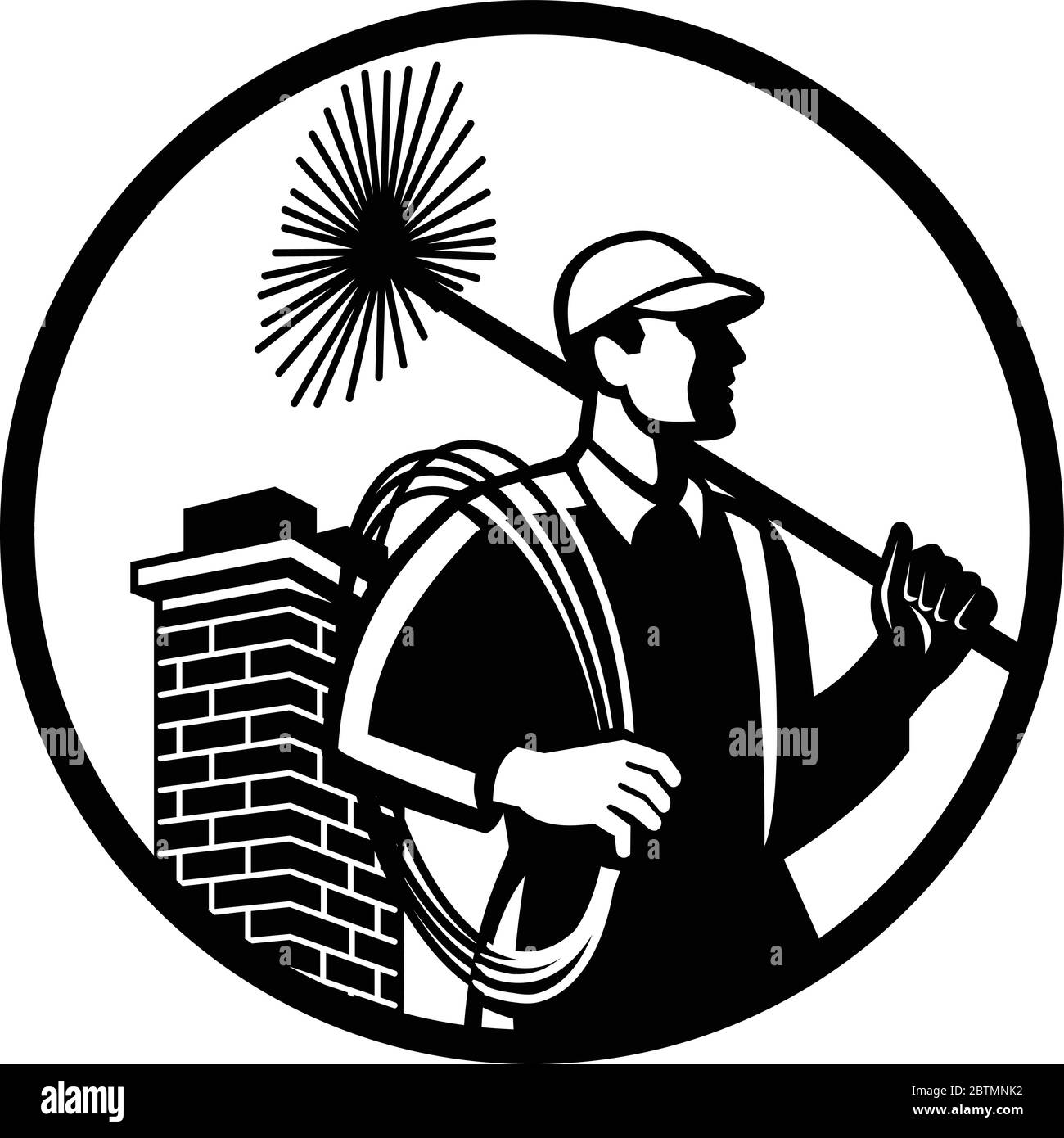 Illustration of a chimney sweep holding sweeper and rope viewed from side with chimney in back set inside circle on isolated background done in retro Stock Vector