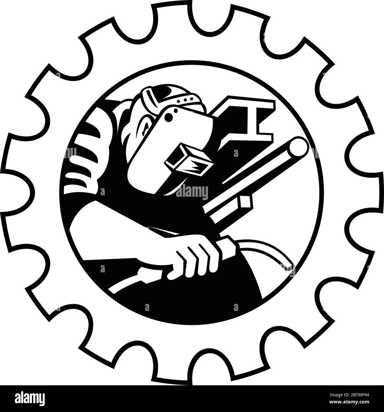 Illustration of a welder fabricator worker welding torch with i-beam pipe and bar set inside gear done in retro Black and White style. Stock Vector