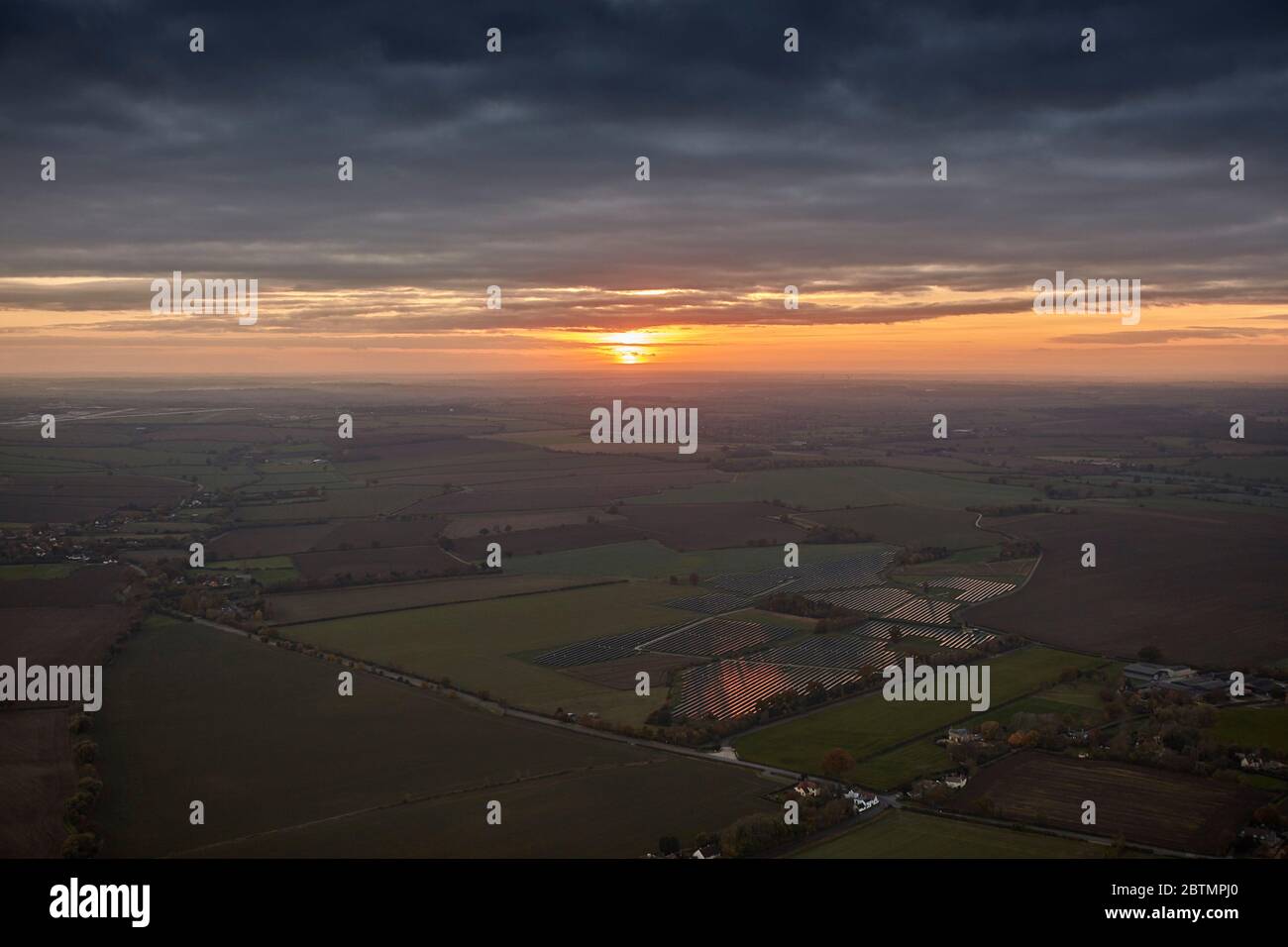 Aerial View of a Sunset over English Countryside Stock Photo