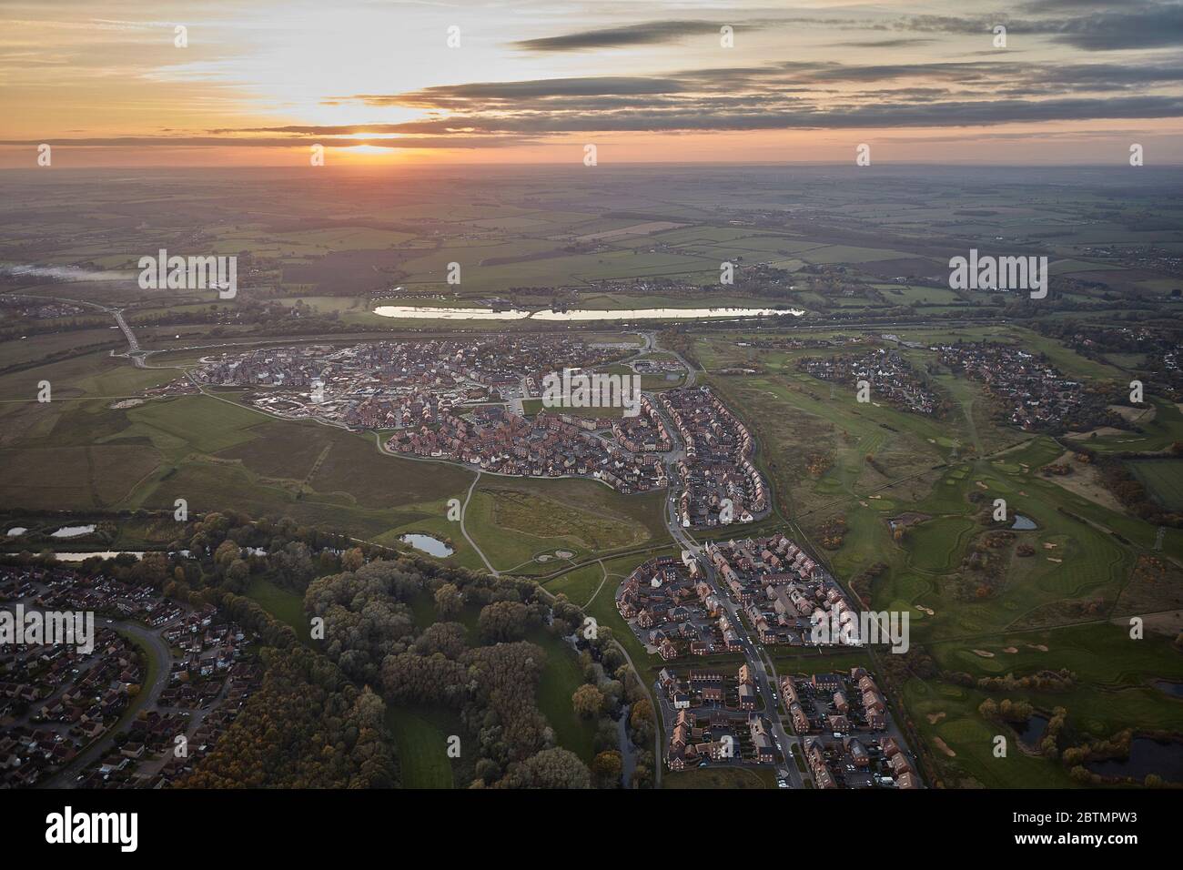 Aerial View of a Sunset over English Countryside Stock Photo