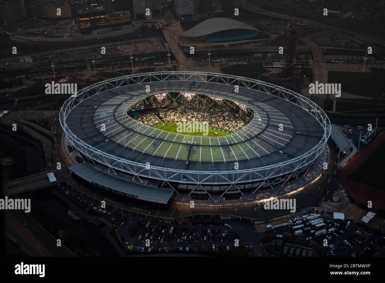 Aerial View of the London Bridge Stadium, London UK at Dusk Stock Photo