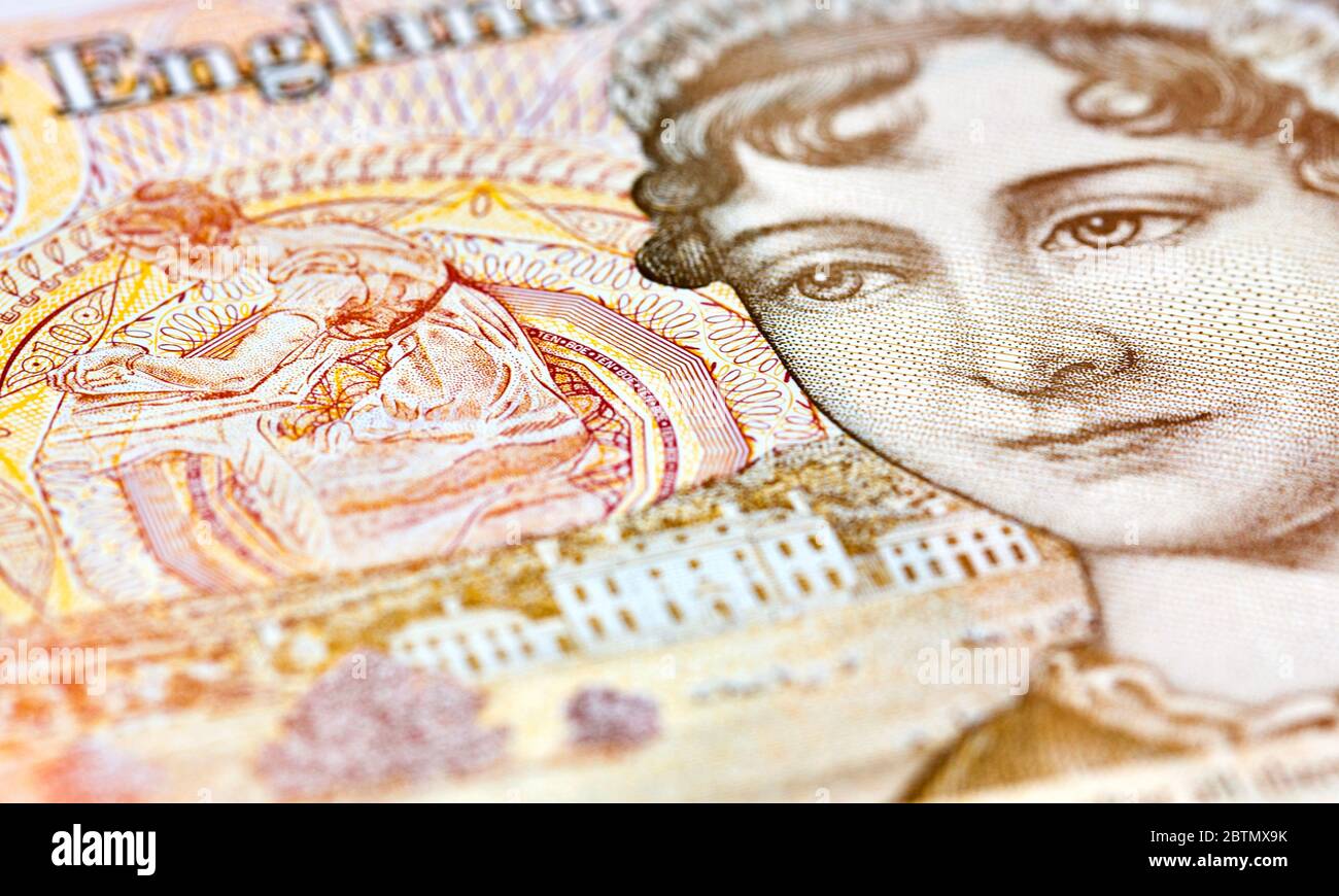 Closeup of the new polymer £10 note, featuring Jane Austen Stock Photo
