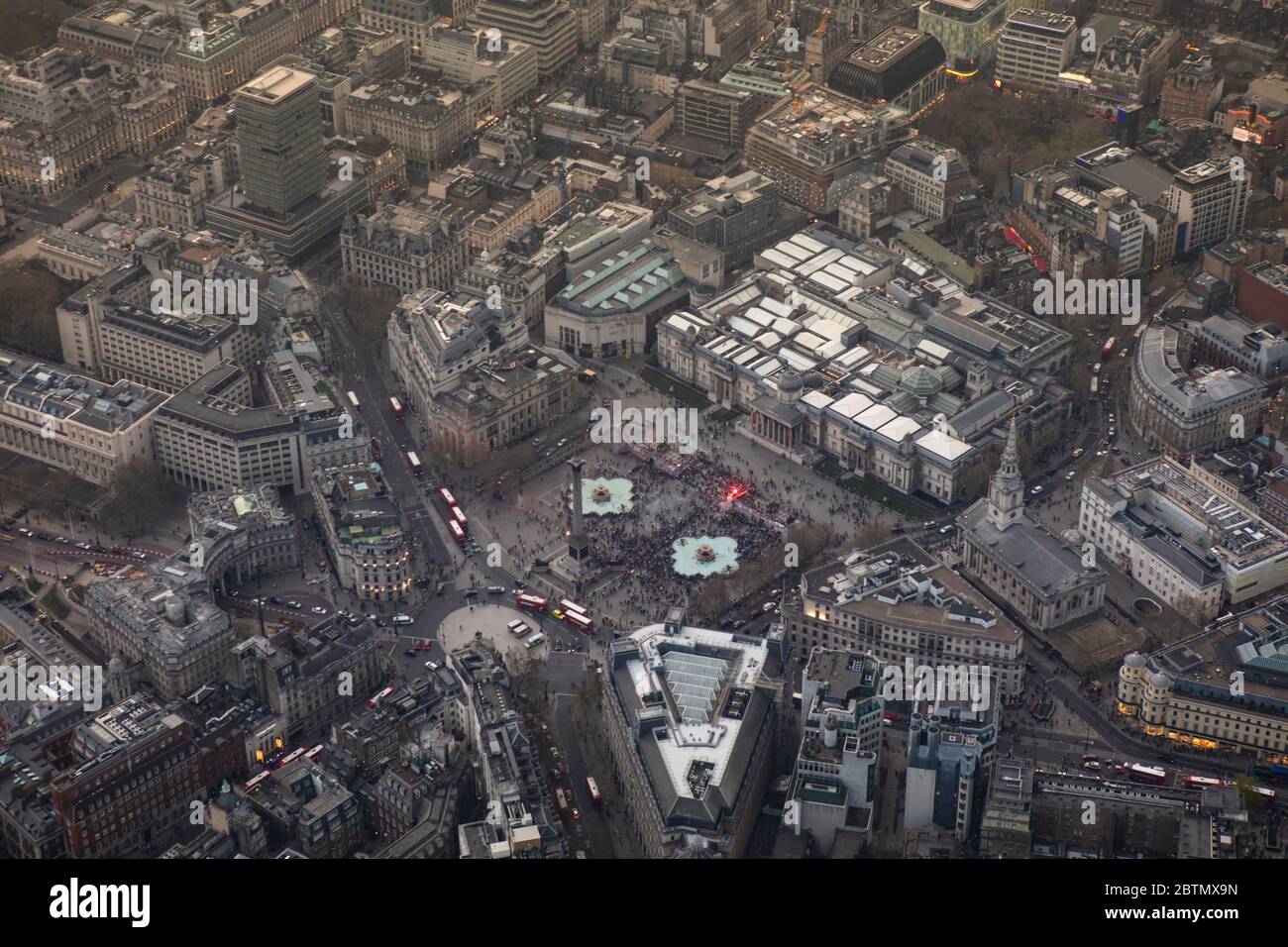 Aerial View of Trafalgar Square in London at Dusk Stock Photo