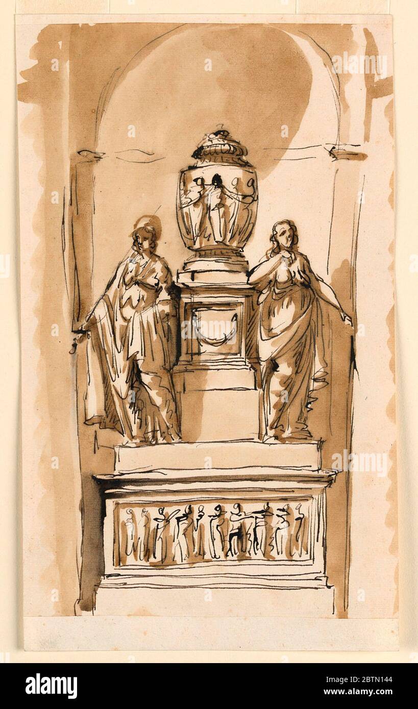 Monument. Research in ProgressThe architectural setting is similar to -1293. The monument is a variation of -1346. THe lower pedestal is deocrated with a relief, the upper one is divided into more offsets and has a festoon in the front panel. A woman with a sword at left. Stock Photo