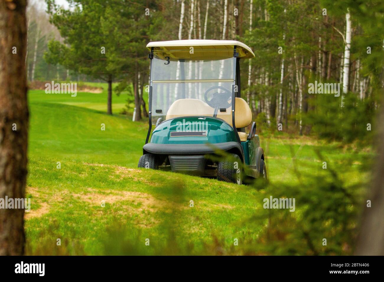 The golf car in the field Stock Photo