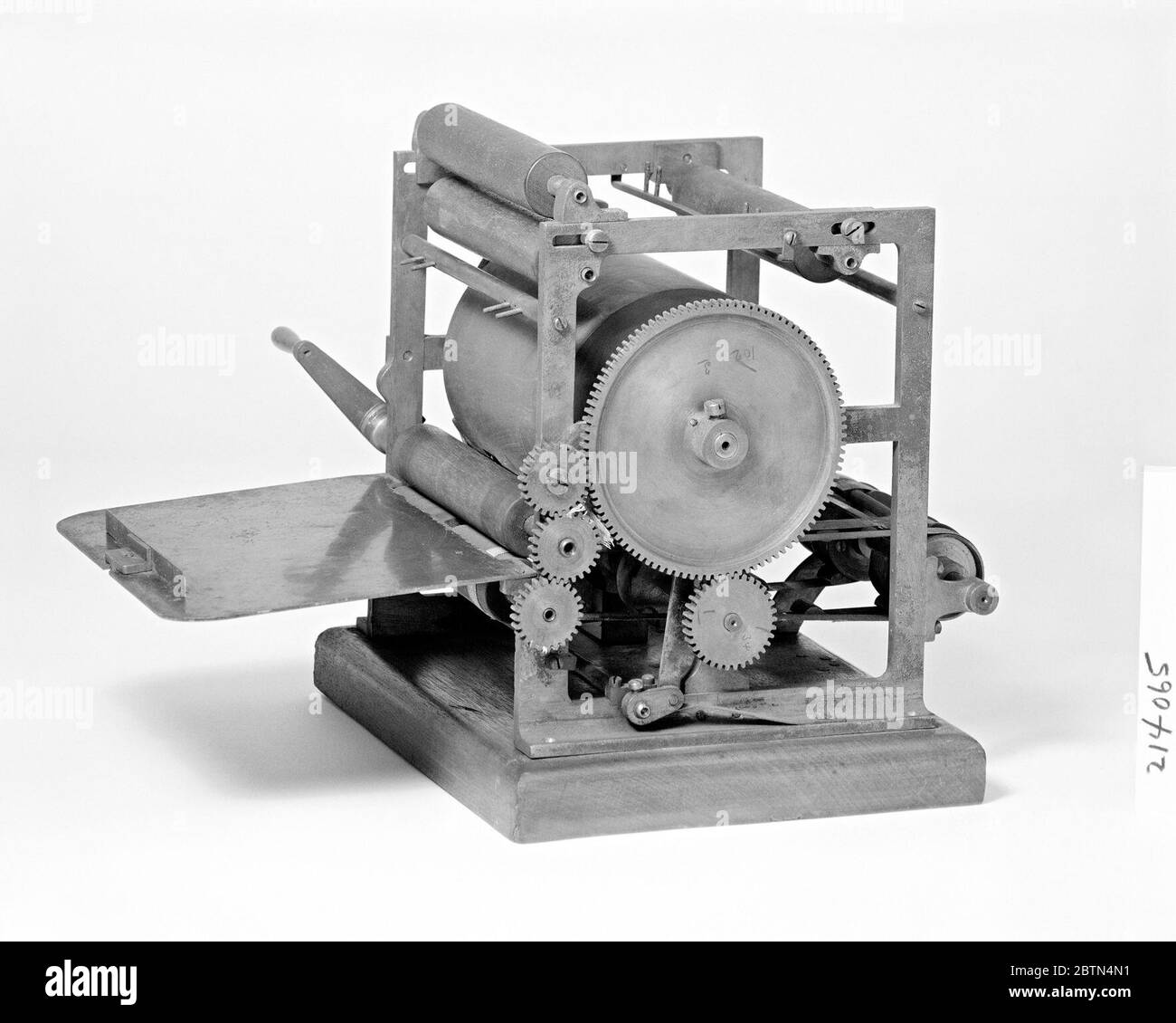 Patent Model of a Sheetreversing Apparatus for Printing Machines. This patent model demonstrates an invention for a sheet-reversing apparatus which was granted patent number 214065. On a sheet-fed rotary press like Hoe's Type Revolving Press, an apparatus to turn each sheet for printing on the reverse side.Currently not on view Stock Photo