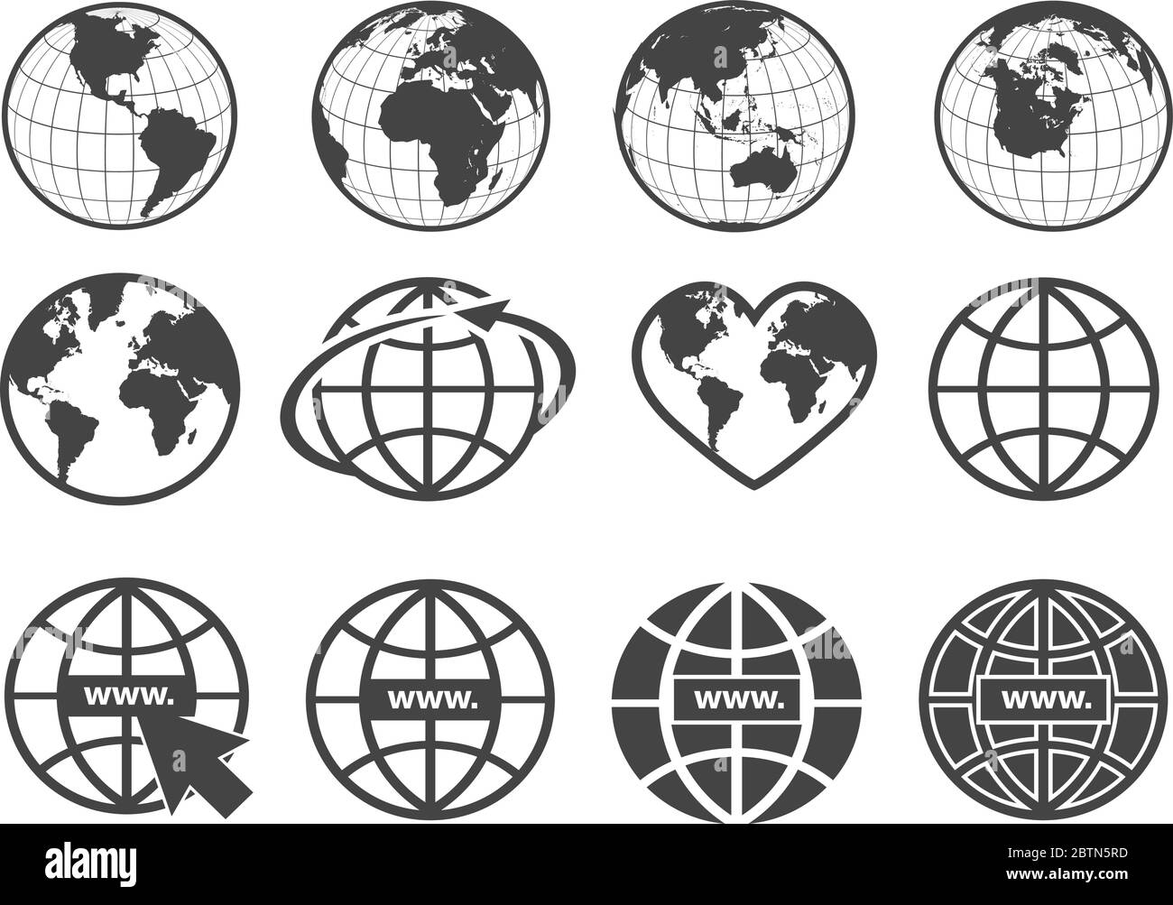 Set of earth globe icons in flat and linear design on a white background. Vector Stock Vector