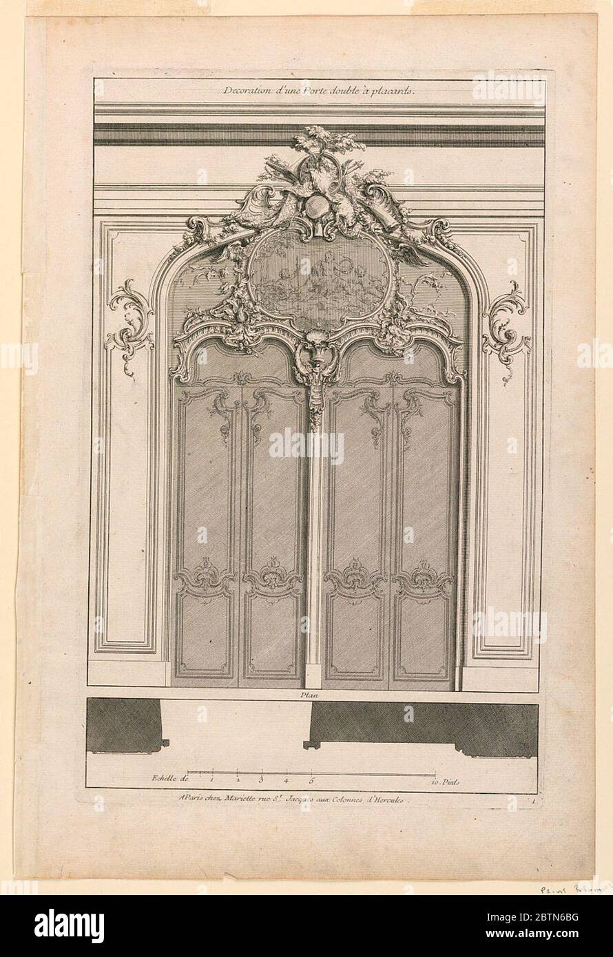 Plate 1 from a Set of 6 Decoration dune porte double placard. Research in ProgressTwo double doors in a joint arch. Both doors decorated in upper part with rocaille volutes. The area above decorated jointly. In center, a painting depicting putti in landscape. Above it, extending the door frame, carved trophies of hunt. Stock Photo