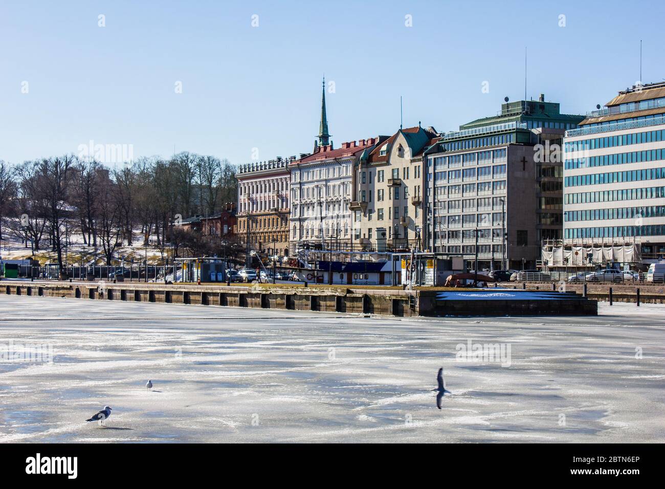 Helsinki, Finland - March 11, 2017: View of Buildings and the Baltic Sea in the South Harbour Stock Photo