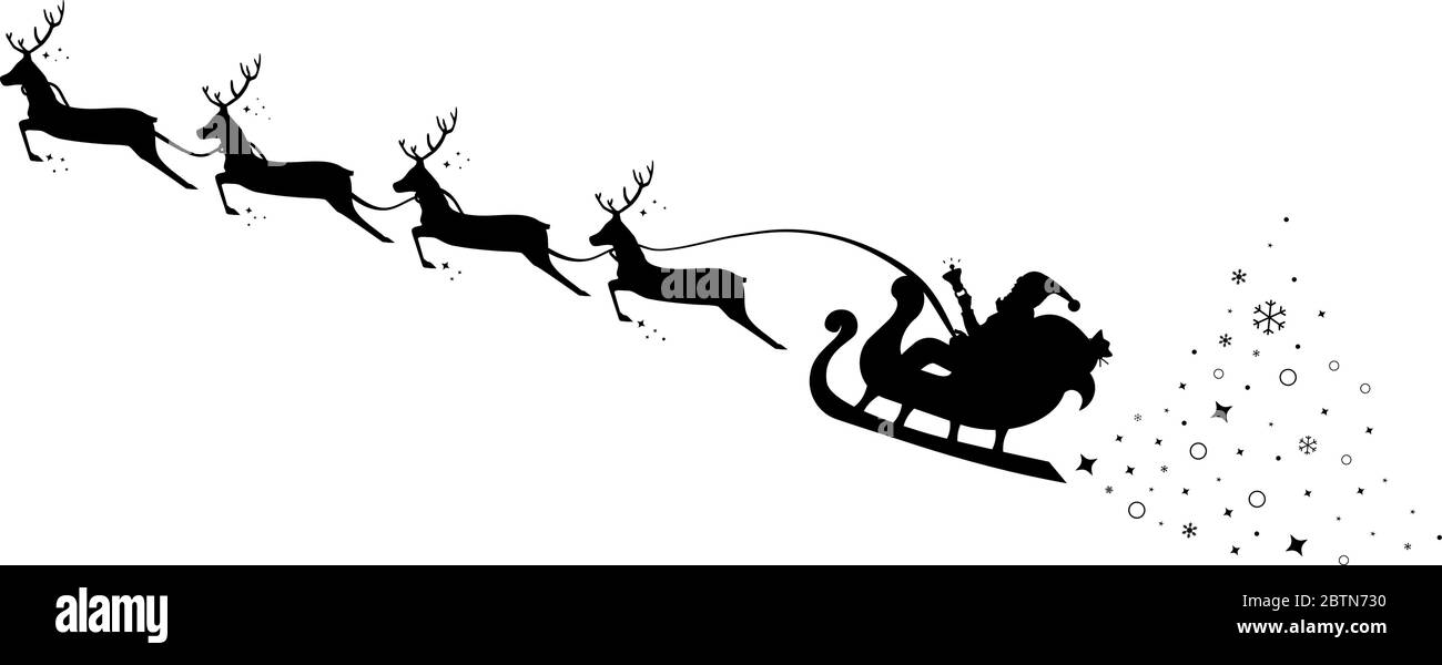 Christmas Sleigh Santa fly in sky. Silhouette reindeer and sleigh Santa. Vector Stock Vector