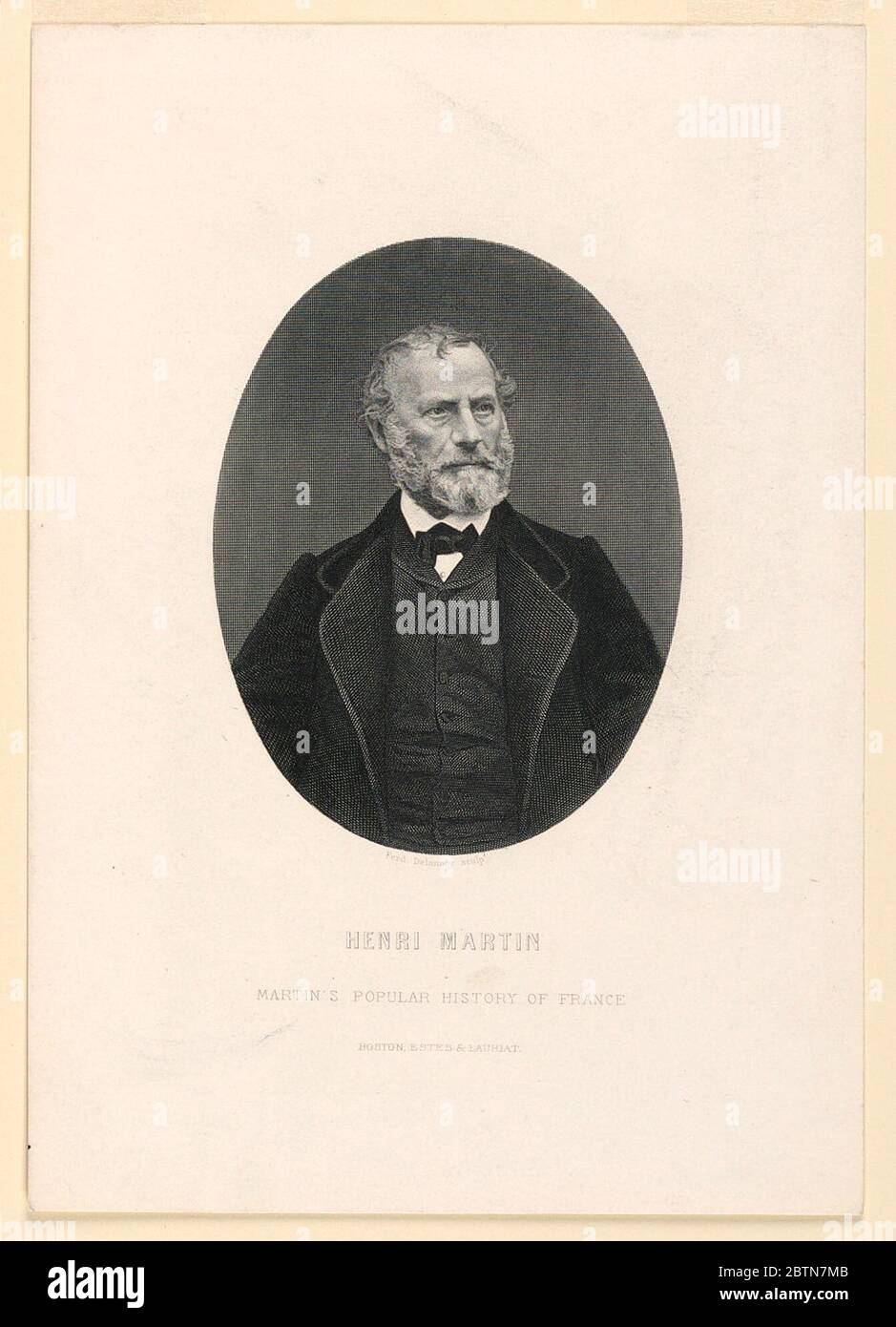 Portrait of Henri Martin. Research in ProgressWithin an oval is a half-length portrait of the French historian, Henri Martin (1810-1883), shown facing frontally, his gaze directed toward the right. He wears a short beard and black bow tie. Illustration for Martin's 'Popular History of France.' Stock Photo