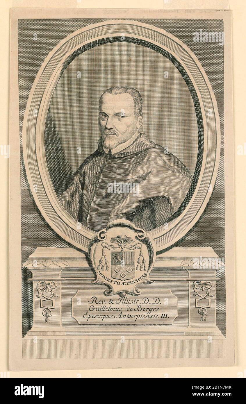 Portrait of Guillemus de Berges Bishop of Antwerp. Research in ProgressWithin an oval frame is the bust portrait of a cleric, wearing a moustache and chin-whiskers; he is shown bareheaded. Below, his escutcheon and motto, and inscription. Stock Photo