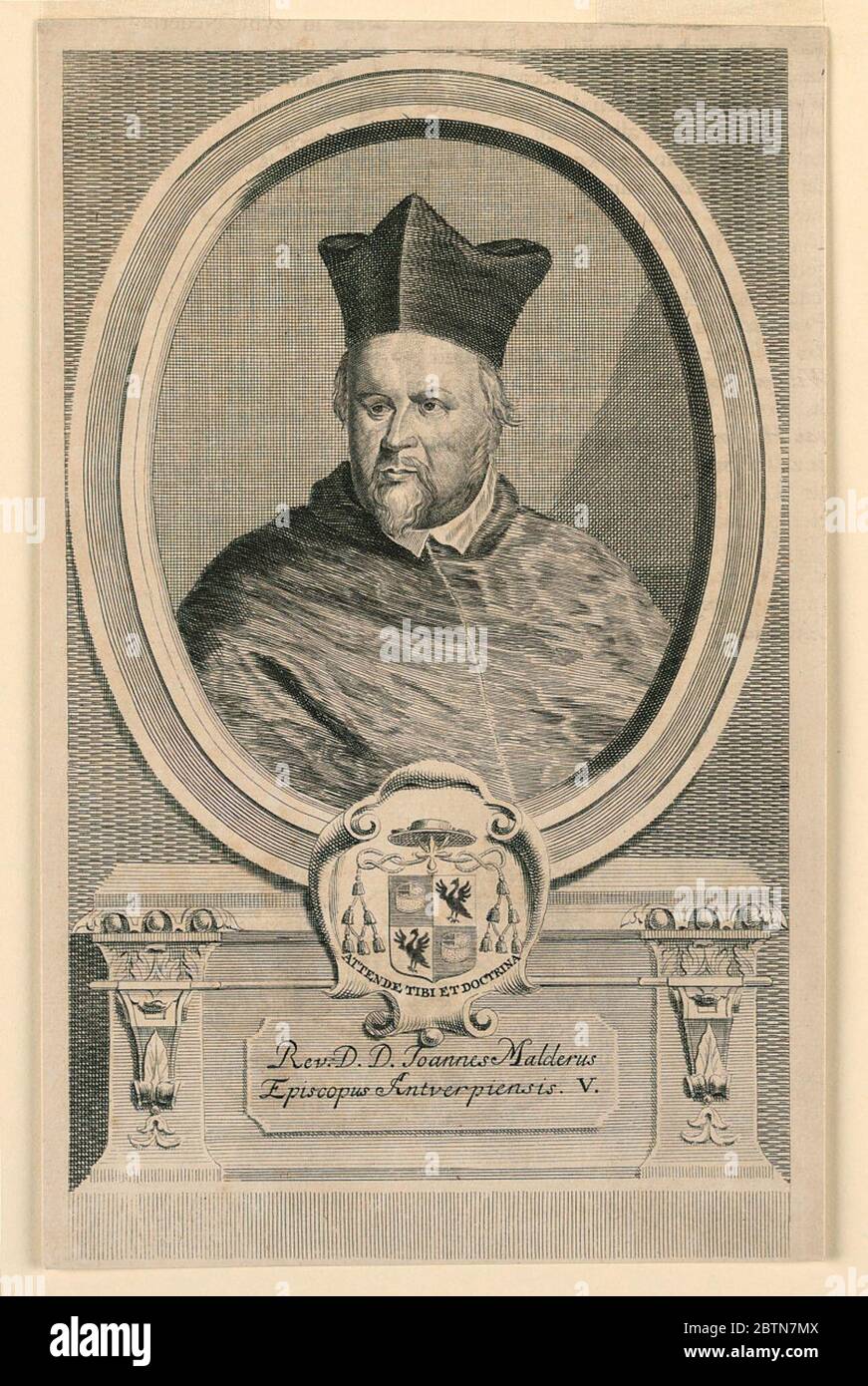 Portrait of Joannes Malderus Bishop of Antwerp. Research in ProgressWithin an oval frame is the bust portrait of a cleric, wearing a beretta, a van dyck beard, and side whiskers. Below, his escutcheon and motto, and inscription. Stock Photo