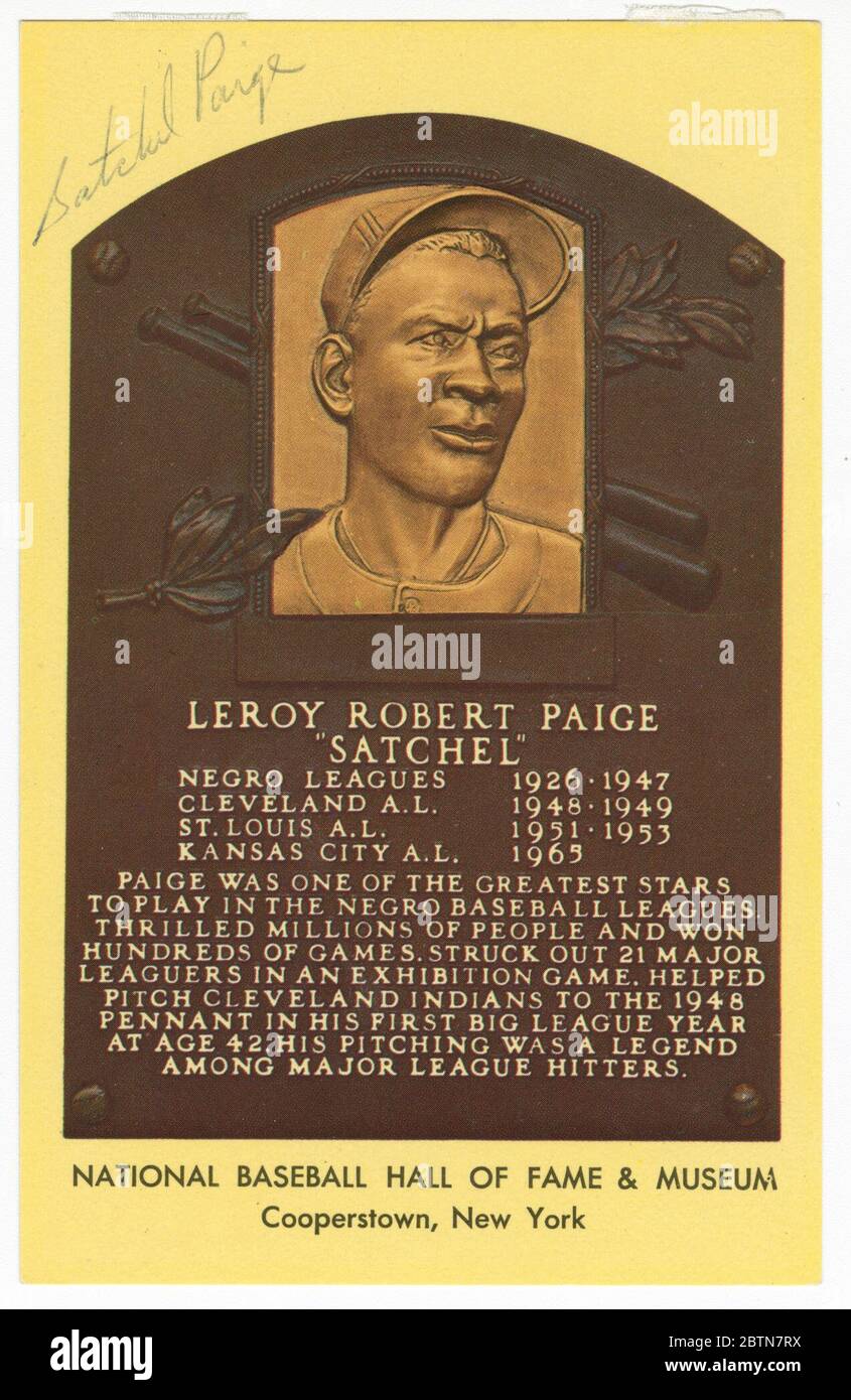 Postcard of Satchel Paige Baseball Hall of Fame plaque. Postcard featuring a photograph of a brass plaque on a yellow background. Handwritten in black ink in the top left corner is the signature 'Satchel Paige.' The plaque has a depiction of a Paige in a baseball uniform. Stock Photo