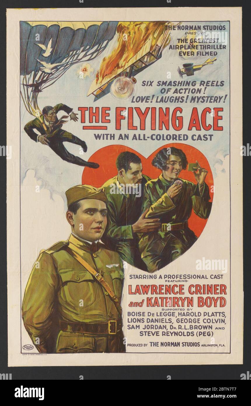 Poster for The Flying Ace. In this 1926 film, black fighter pilot Captain Billy Stokes, played by Laurence Criner, returns home from World War I a hero and resumes his civilian career as a railroad detective. The role of pilot Ruth Sawtelle, played by Kathryn Boyd, is inspired by aviator Bessie Coleman. Stock Photo