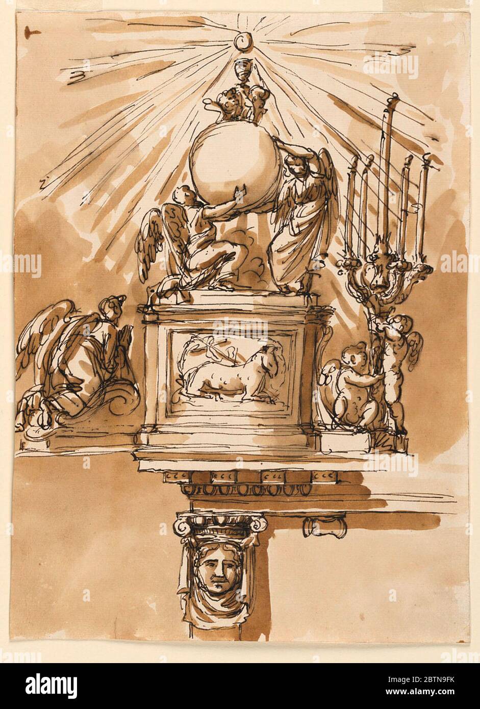 Relief Glory of the sacrament console table. Research in ProgressTop: a) upon a pedestal, showing the Easter lamb in its front panel, two angels, one kneeling, the other one standing. They carry the globe, on top of which two cherubim support the chalice, above which the Host appears, being the center of a glory of rays. Stock Photo
