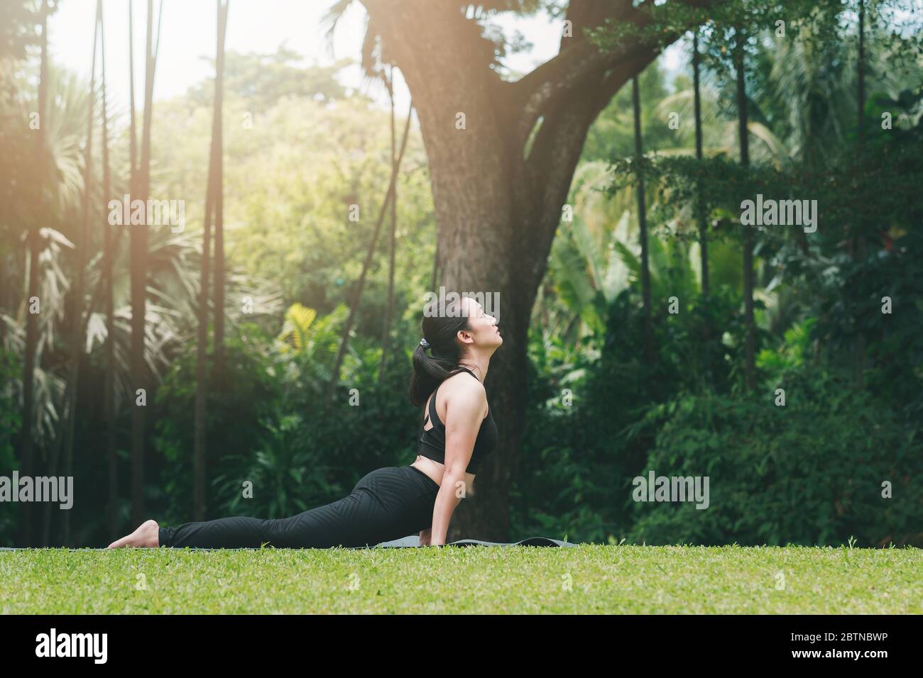 Asian woman practicing yoga in Cobra Pose (Bhujangasana) on the mat in ...