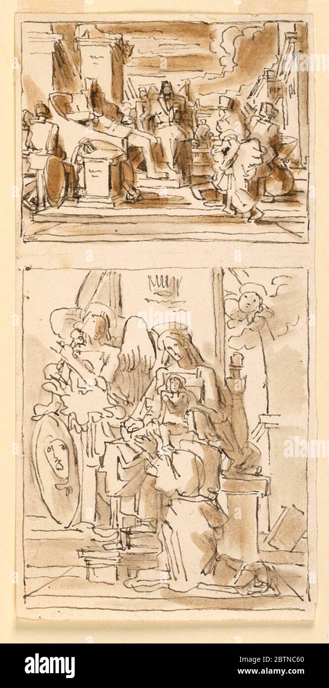 Sketches The Virgin Enthroned and the Virgin and Child Enthroned. Research in ProgressSketches. Above, the Virgin Enthroned, below, Virgin and Child Enthroned with classical elements and angels. Stock Photo