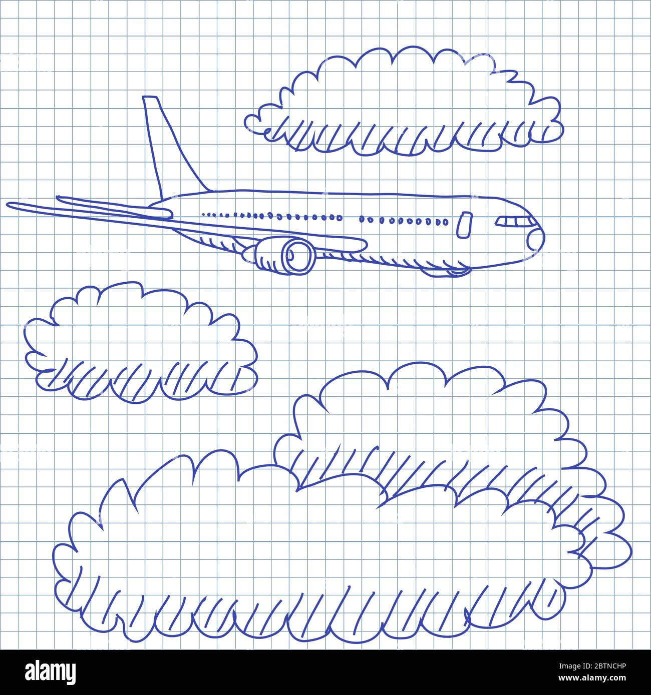 Doodle Hand-drawn vector drawing of an Airplane in the clouds. Concept picture for Air Travel. Pencil sketch on a squared paper on white. Stock Vector