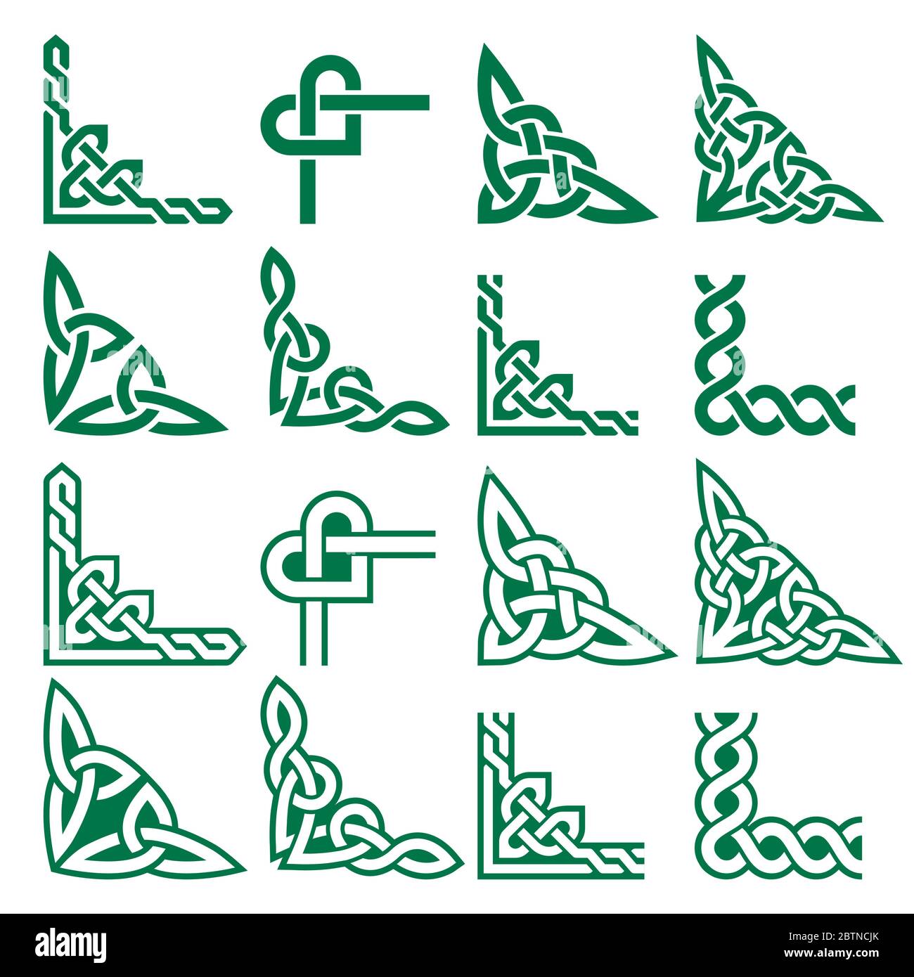 Irish Celtic vector corners design set, braided green frame patterns - greeting card and invititon design elements Stock Vector