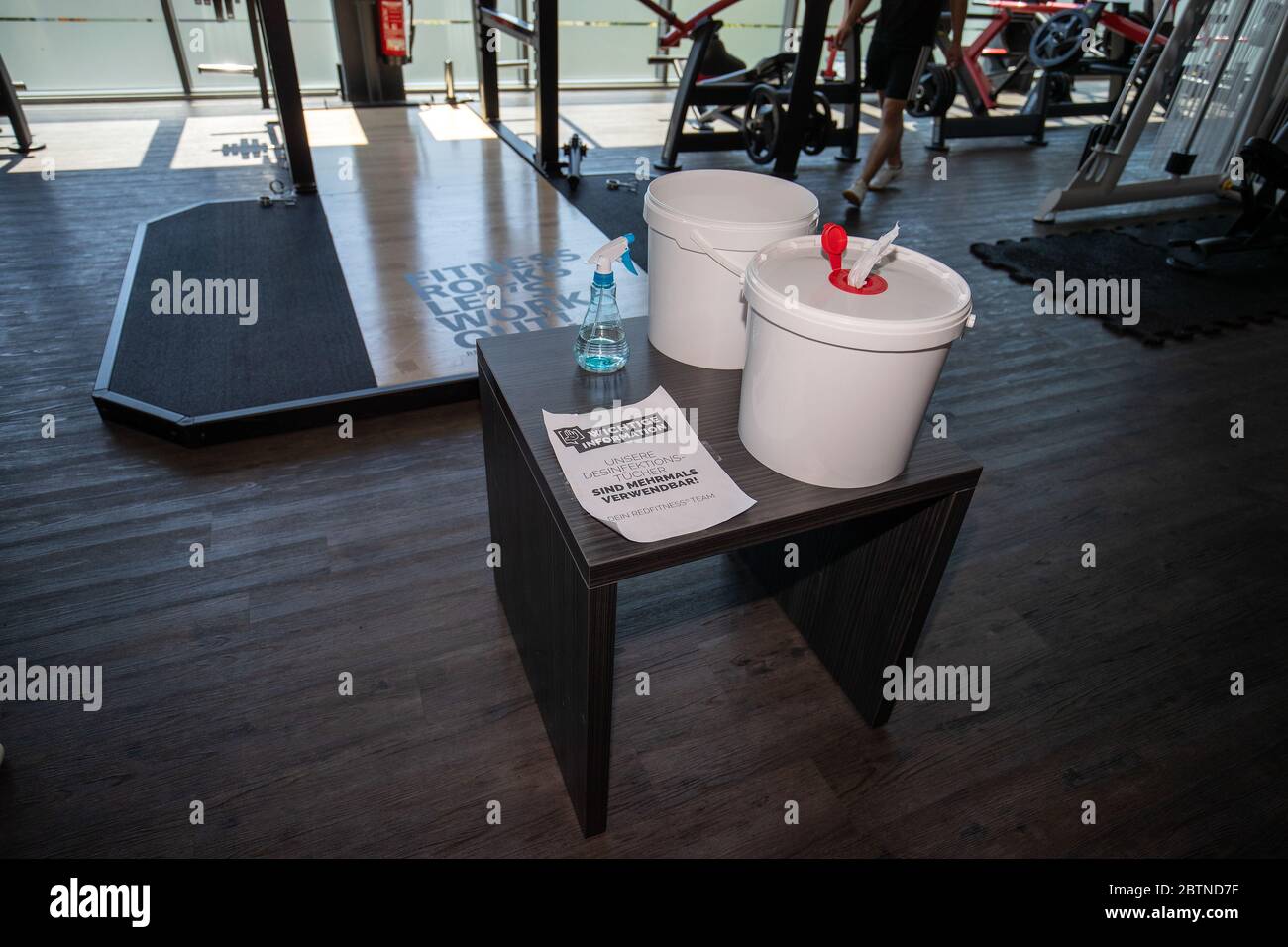 Frankfurt, Germany. 27th May, 2020. Disinfection paper towels are prepared  for people at a gym in Schwerte, Germany, May 27, 2020. The German federal  government and the 16 states have agreed in
