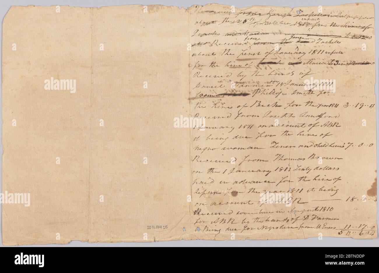 Accounting record for the Rouzee family with notes on hires of enslaved persons. This document is from a collection of financial papers related to the plantation operations of several generations of the Rouzee Family in Essex County, Virginia. Stock Photo