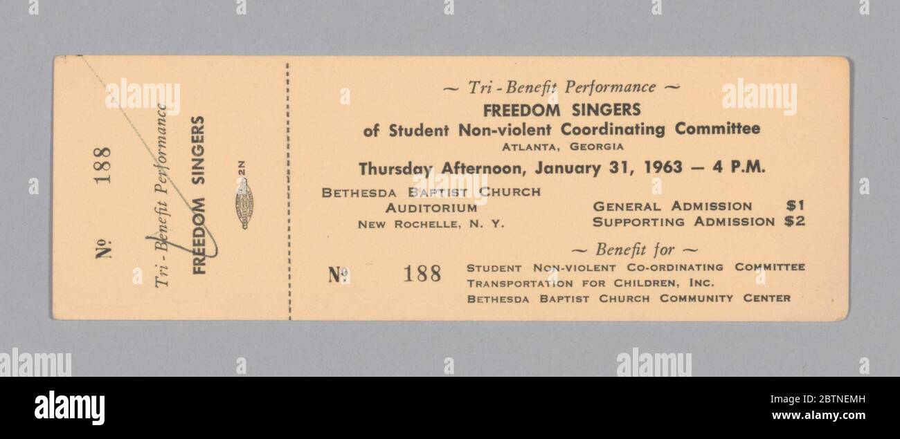 Ticket to a TriBenefit Performance of the Freedom Singers. Four (4) tickets to a Tri-Benefit Performance featuring the Freedom Singers of the Student Non-Violent Coordinating Committee. The concert was held January 31, 1963 at 4:00pm at the Bethesda Baptist Church in New Rochelle, NY. The tickets are printed in black ink on cream paper. Stock Photo