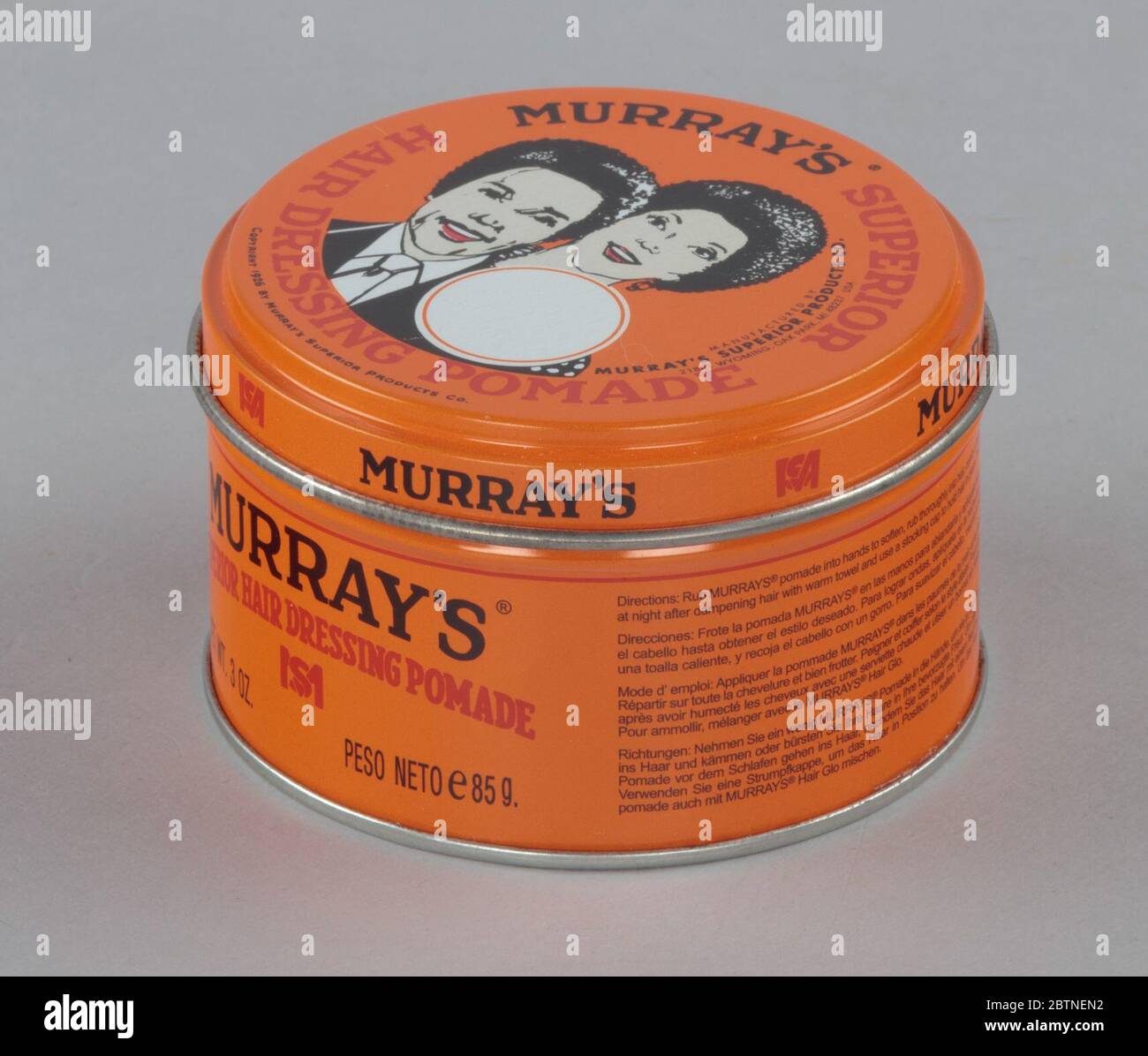 Tin for Murrays Superior Hair Dressing Pomade. A round and metal  orange-colored tin of Murray's Superior Hair Dressing Pomade Stock Photo -  Alamy