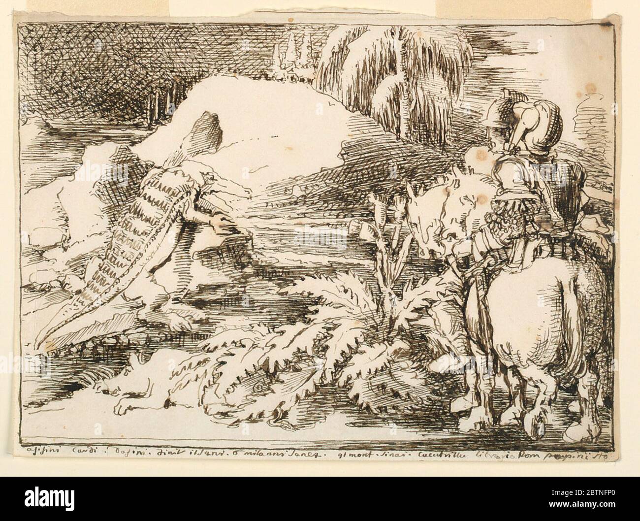 Two Knights in Armor Confronting a Crocodile and a Boar. Research in ProgressTwo knights in armor riding horses in right foreground confront a beast standing in left middle ground. Beast resembles crocodile. Background in a landscape with a hill in middle dominated by a tree. Ink border. Stock Photo