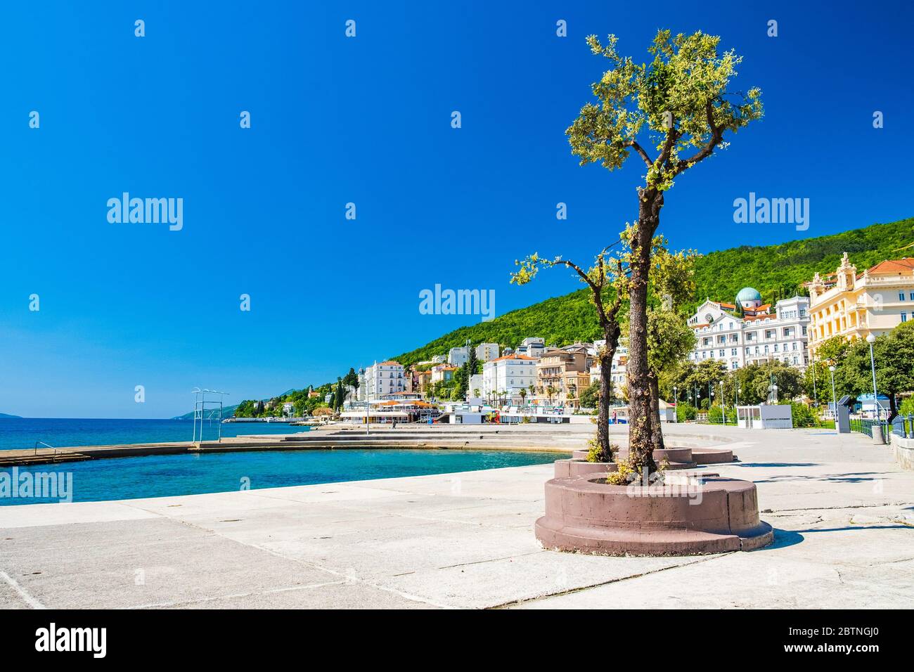 Croatia, town of Opatija, popular tourist resort, Slatina beach, aerial panoramic view Stock Photo
