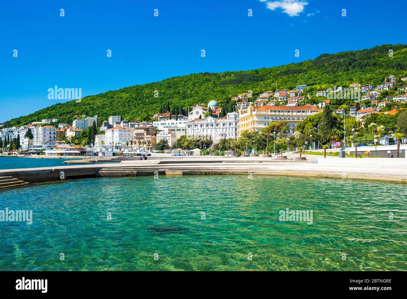 Croatia, town of Opatija, popular tourist resort, Slatina beach, aerial panoramic view Stock Photo