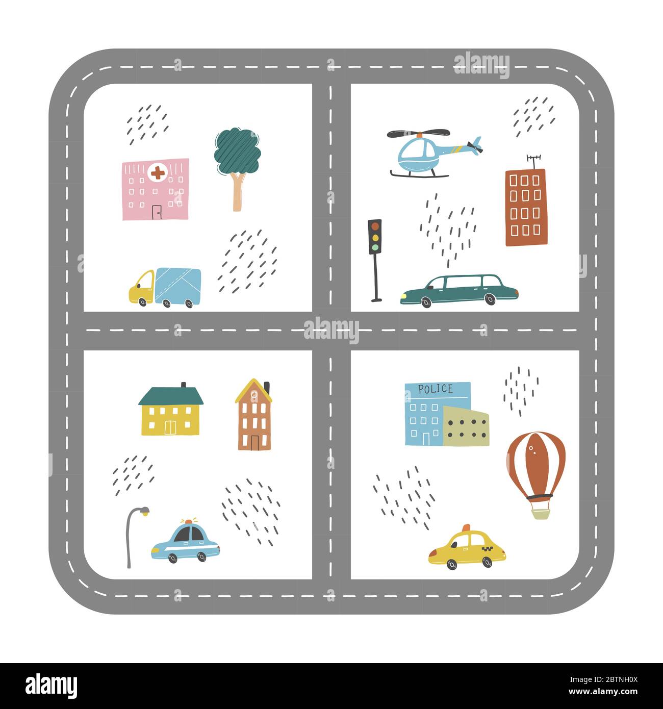 Cartoon cute kids map with car, road, city landscape elements. Cars, building, road of hand drawn, children toy style. Vector illustration. Stock Vector
