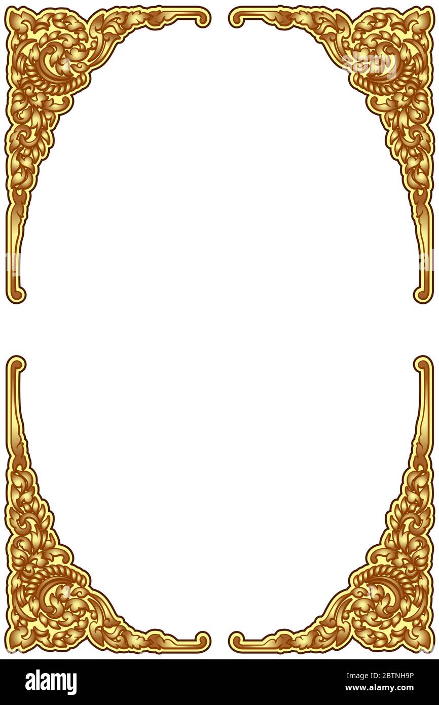 Vertical vector golden floral Asian design. Vintage frame on a white