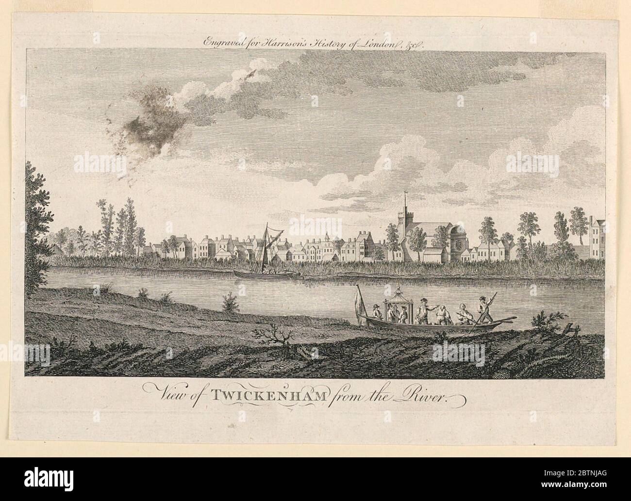 View of Twickenham from the River Thames from Walter Harrisons History of London. Research in ProgressThe view is taken looking across sthe Thames River, with the town of Twickenham (Berkshire) on the opposite bank. A pleasure craft with figures in the foreground. Stock Photo