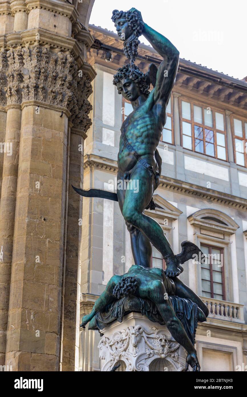 Sculpture Perseus with the Head of Medusa, in the Loggia dei Lanzi, Florence. It is a bronze sculpture made by Benvenuto Cellini at 1554. Stock Photo