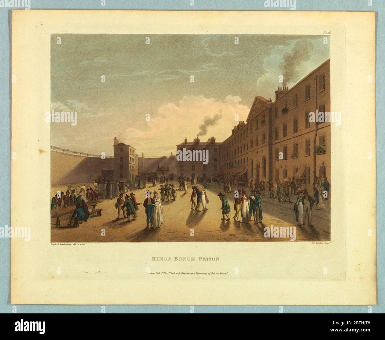 Kings Bench Prison from Ackermanns Repository. Research in ProgressWalled yard, running its length. Outer wall to the left; dormitories to the right. Men and women walk in the evening light. Title, artists', and publisher's names below. Stock Photo