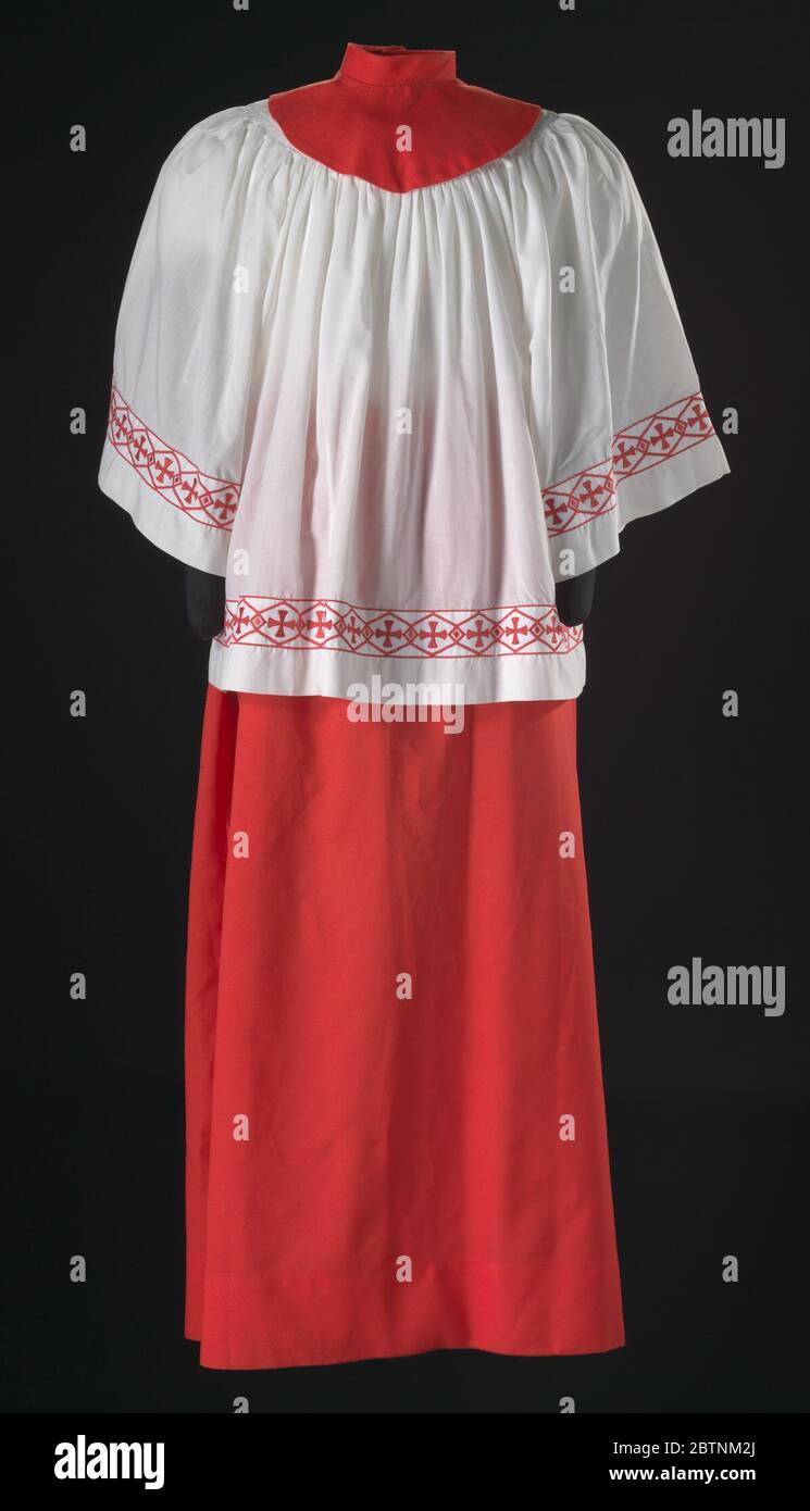 Acolyte robe from the First African Methodist Episcopal Church of Los Angeles. Short, white and