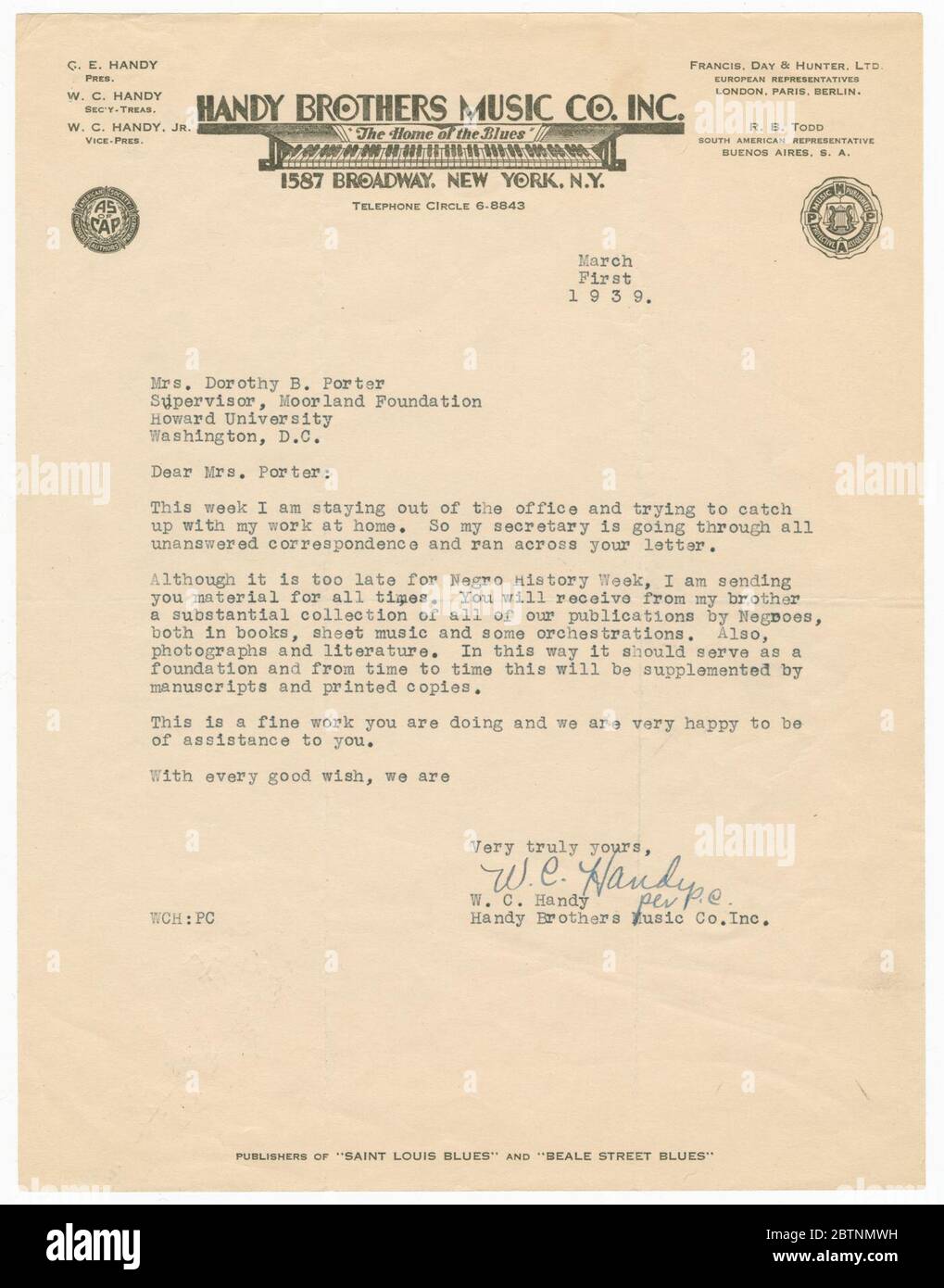 Letter to Dorothy Porter from WC Handy. A typed letter in reply to a