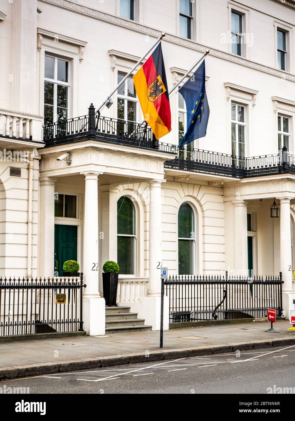 Embassy of Germany, London, UK. The German and EU flags flying over an